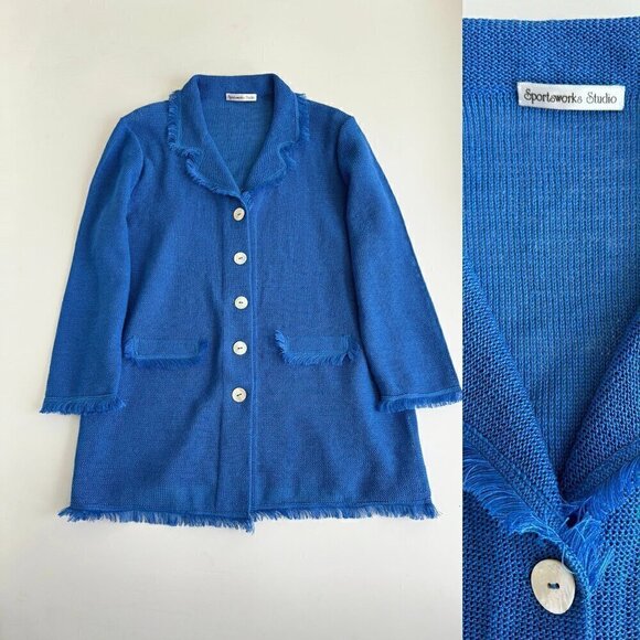 Linen Blazer XL Made in USA Cobalt Blue Fringe Sportsworks Studio Woven Knit - Picture 1 of 8